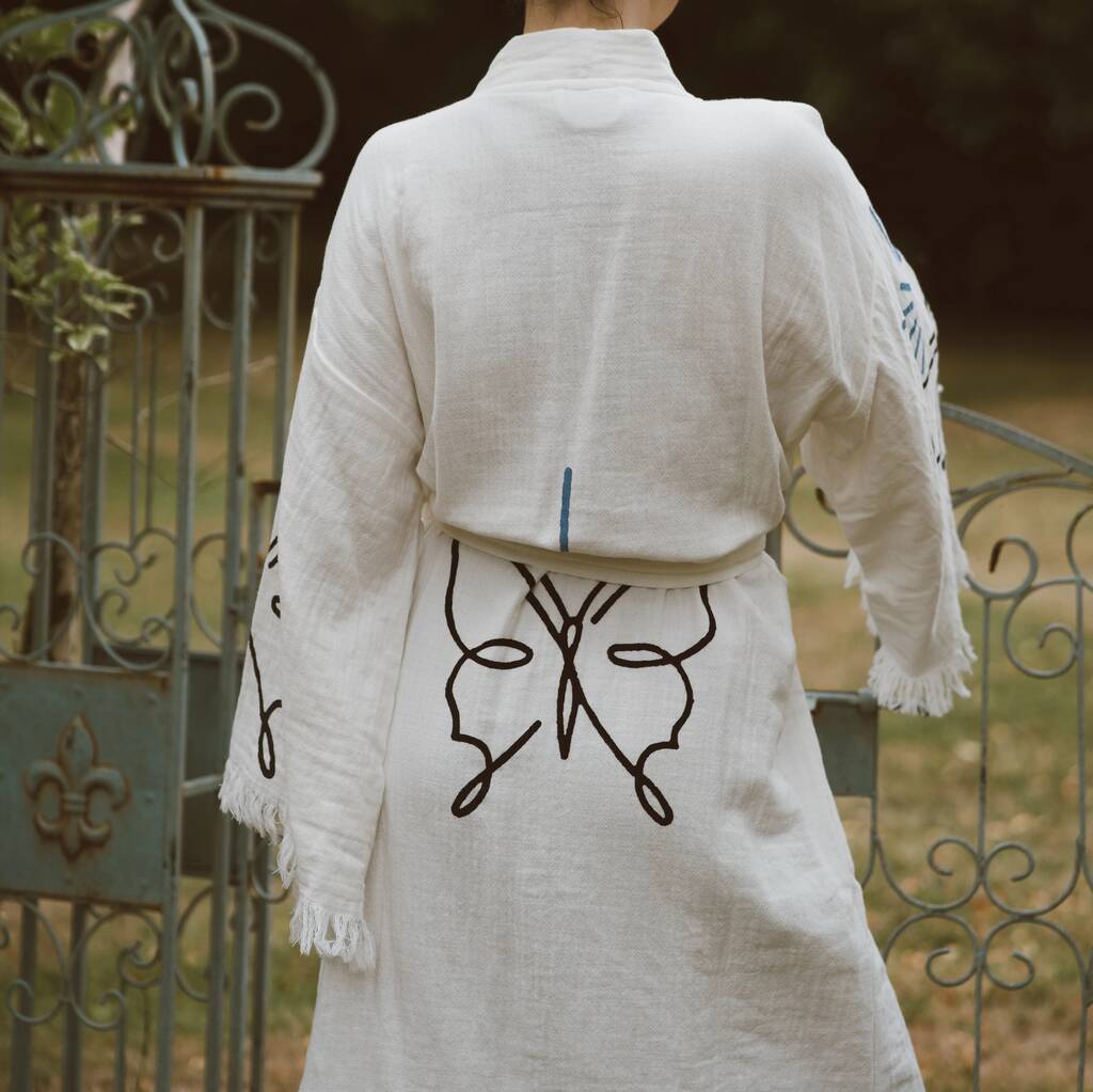 Long Organic Cotton Robe: White With Butterfly, 1 of 7