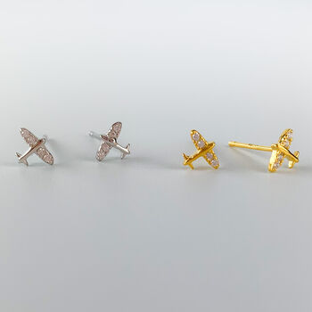 Sterling Silver Sparkly Plane Stud Earrings, 3 of 5