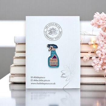Misogynist Repellent Detergent Shaped Spray, Feminist Enamel Lapel Pin, 2 of 9