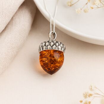Personalised Sterling Silver Amber Acorn Pendant Necklace, 3 of 10