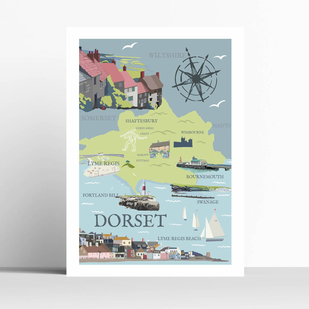 Dorset Map Travel Art Print By - Original Dorset Map Travel Art Print
