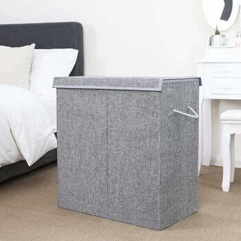 142 L Grey Fabric Double Clothes Laundry Hamper Basket, 2 of 8