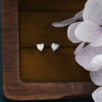 Sterling Silver Tiny White Opal Heart Stud Earrings, 3 of 9
