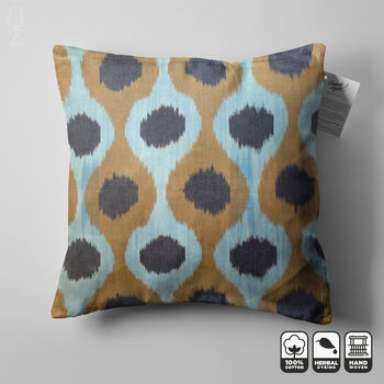 Blue And Brown Hand Woven Ikat Cotton Cushion Cover, 5 of 8
