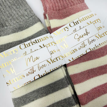 Personalised Christmas Stripy Welly Socks With Gold Foil Label, 3 of 10