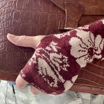 Cashmere Fingerless Gloves Wrist Warmers Burgundy, 2 of 6