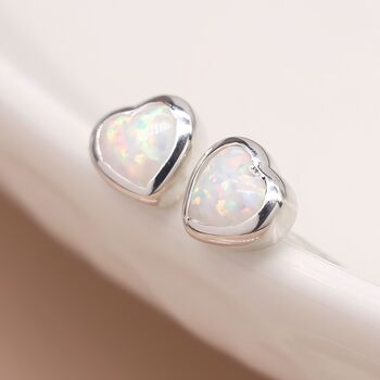 Sterling Silver White Opal Heart Stud Earrings, 3 of 7