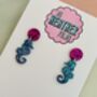 Blue And Pink Small Seahorse Glitter Earrings / Gift For Mermaid Lovers / Seaside Vacation Or Summer Cruise Accessory, thumbnail 2 of 4
