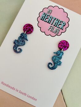 Blue And Pink Small Seahorse Glitter Earrings / Gift For Mermaid Lovers / Seaside Vacation Or Summer Cruise Accessory, 2 of 4