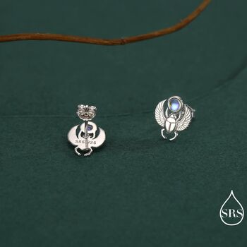 Sterling Silver Scarab Beetle Stud Earrings With Lab Moonstone, 6 of 12