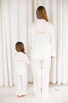 Embroidered 'Bridesmaid' Satin Pyjamas Kids And Ladies, 7 of 12