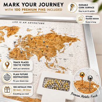 Travel Gifts World Map Cork Board With Pins, 2 of 11