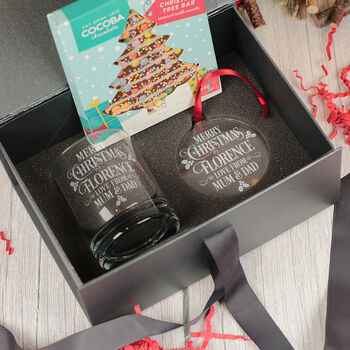 Merry Christmas Message Tumbler Glass With Chocolate Tree And Decoration Gift Boxed Set, 4 of 8