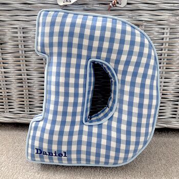 Embroidered Letter Cushion In Blue Gingham, 4 of 5