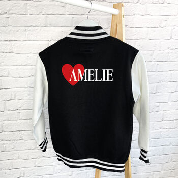 Personalised Varsity Girls Jacket With Heart And Name, 2 of 4