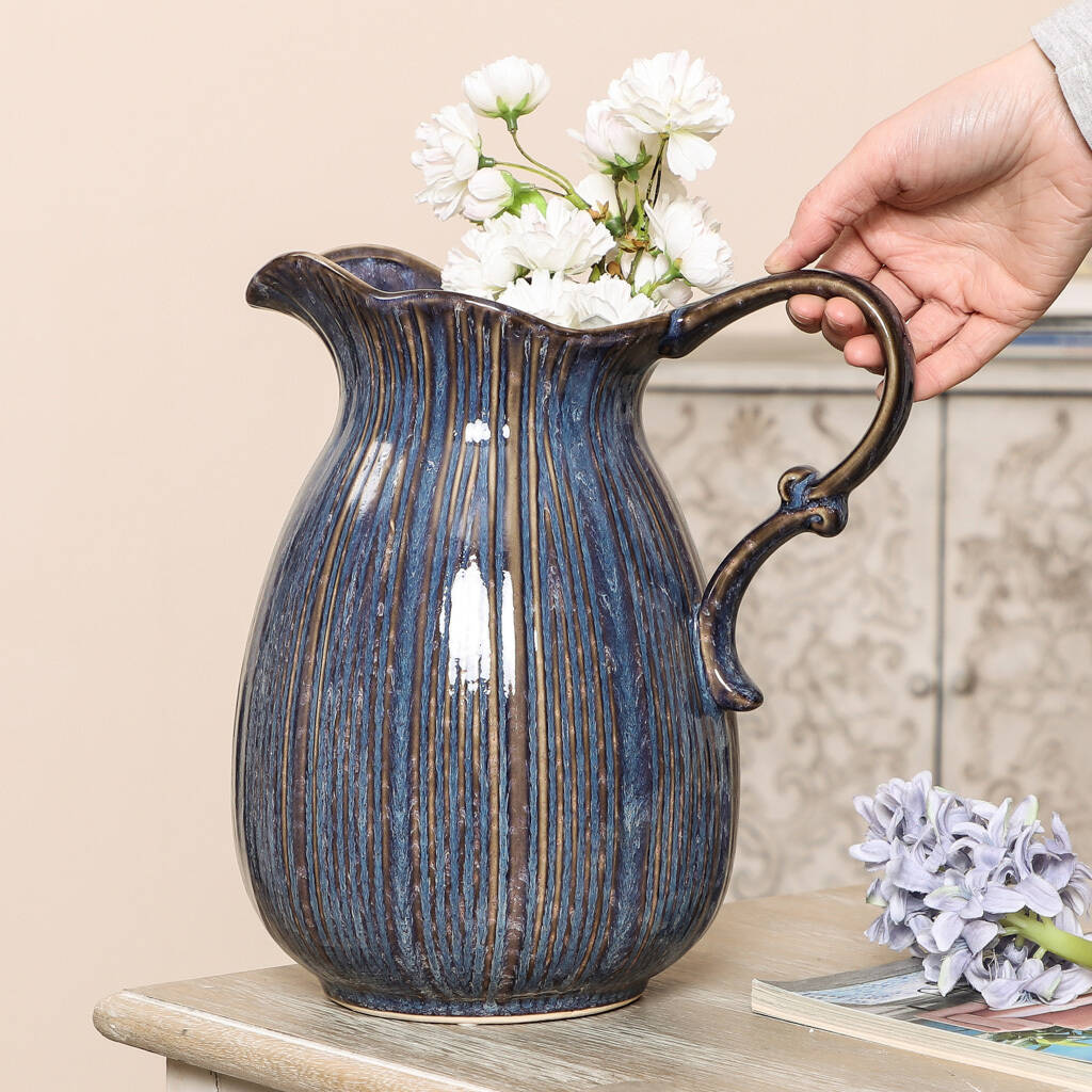 stainforth large blue ceramic ribbed jug vase by dibor 