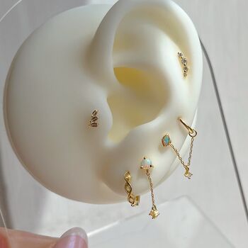 14k Solid Gold Opal Dangly Chain Stud Earrings, 2 of 3