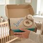 Personalised Beige Knitted Baby Blanket And Monkey Rattle Gift Set, thumbnail 1 of 12