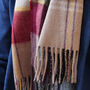 Men's Yellow And Plum Stripe Wool And Cashmere Blend Scarf, thumbnail 3 of 12