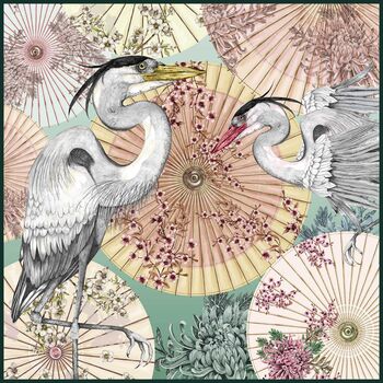 Sakura Sunshade Japanese Parasoles With Crane Birds Luxury Velvet Square Cushion, 2 of 6