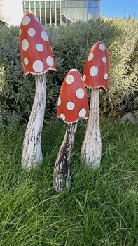 Set Of Three Wooden Red Mushrooms For Garden, 7 of 10
