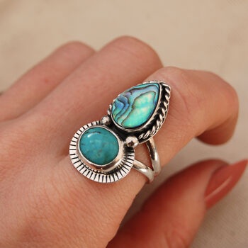 Dreamer Turquoise And Abalone Silver Statement Ring, 10 of 12