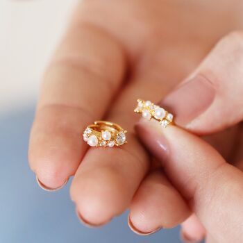 Irregular Pearl Crystal Huggie Hoop Earrings, 8 of 10