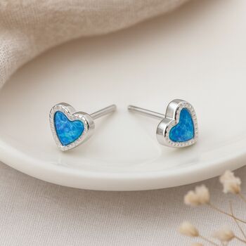 Sterling Silver Blue Opal Heart Stud Earrings – 5mm, 3 of 6