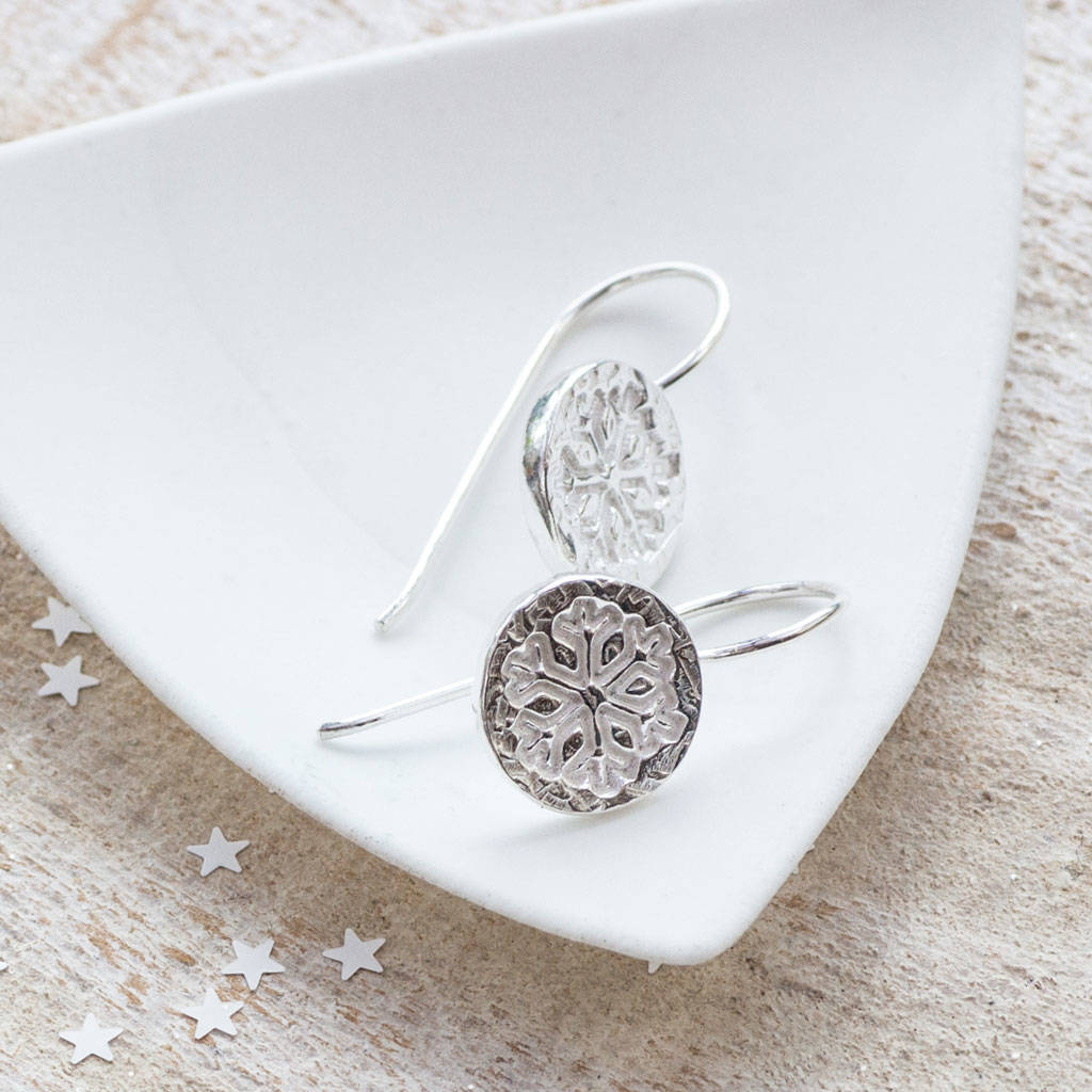 Silver Snowflake Earrings Drop Dangle Style By Green River Studio Silver Snowflake Earrings Drop Dangle Style