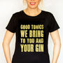 'Good Tonics We Bring' Gold Slogan T Shirt, thumbnail 1 of 6