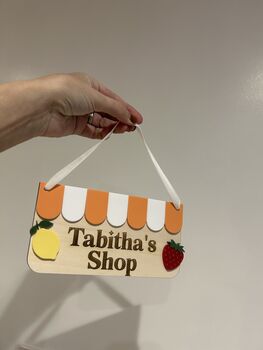 Personalised Wooden Play Kitchen Market Fruit Shop Sign Montessori Pretend Play Accessory, 4 of 6