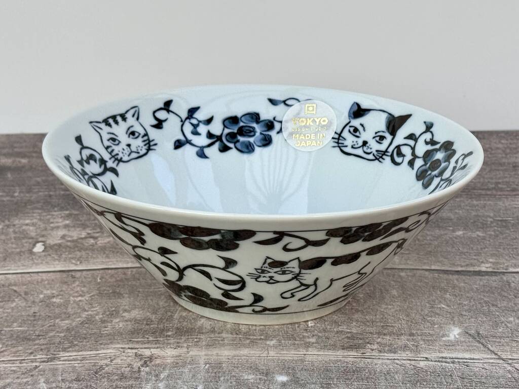 Blue And White Cat Patterned Japanese Bowl, 20.5cm, 1 of 3