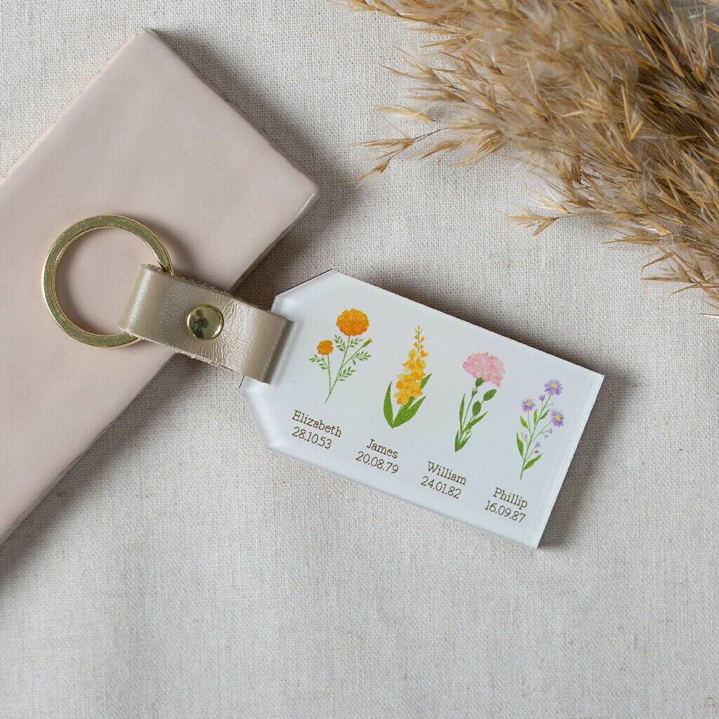 Wooden Personalised Birth Flowers Family Keyring, 1 of 3