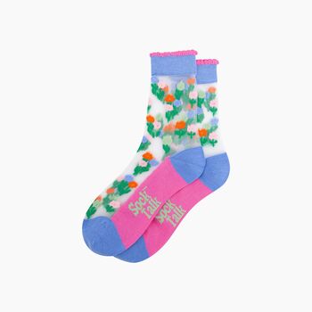 Floral Posy Combed Cotton Sheer Pop Socks In Blue, 3 of 4