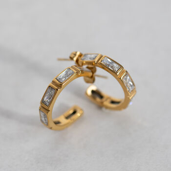 Gold Hoop Earrings With Baguette Crystals Non Tarnish, 3 of 5
