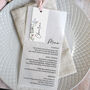 Periwinkle Vellum Wedding Menu Cards With Guest Name Tags And Ribbon, thumbnail 1 of 7