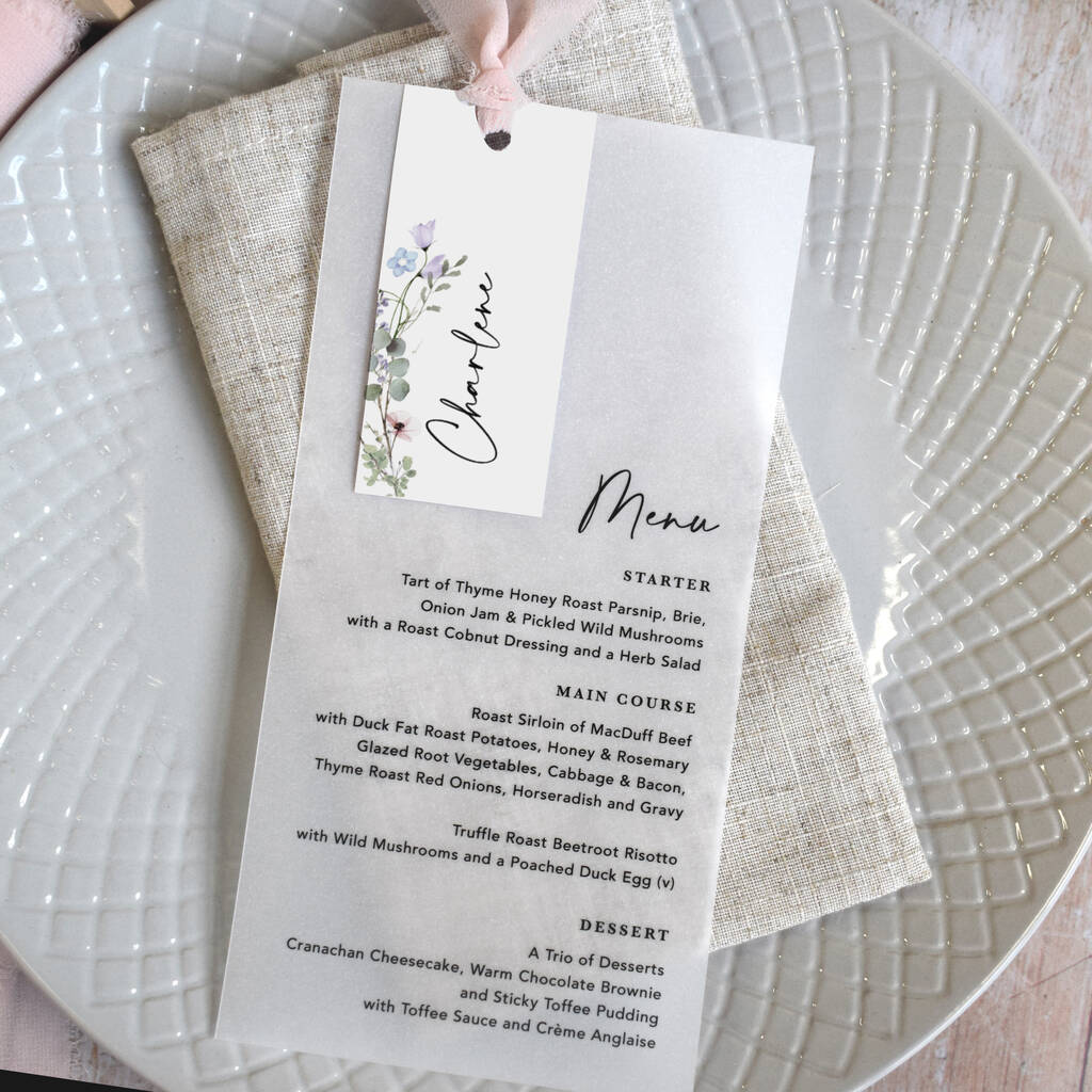 Periwinkle Vellum Wedding Menu Cards With Guest Name Tags And Ribbon, 1 of 7