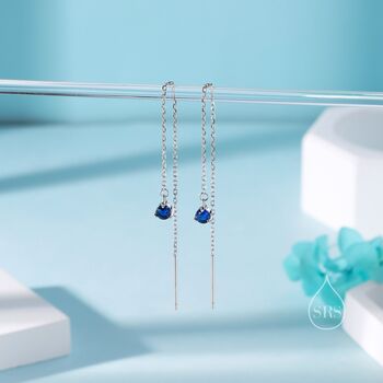 Sapphire Blue Cz Threader Earrings In Sterling Silver, 4 of 10