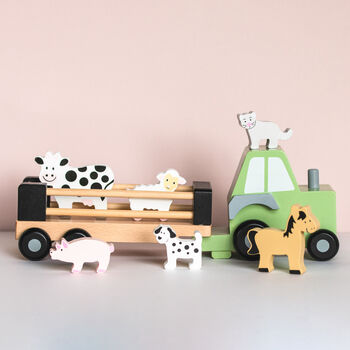 Personalised Wooden Farm Tractor Toy With Trailer And Animals, 3 of 12