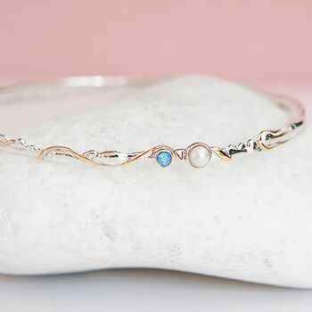 Sterling Silver Organic Blue Opal And Pearl Bangle, 3 of 8