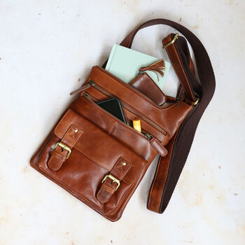 Leather Crossbody Pocket Messenger Bag, Tan, 3 of 6
