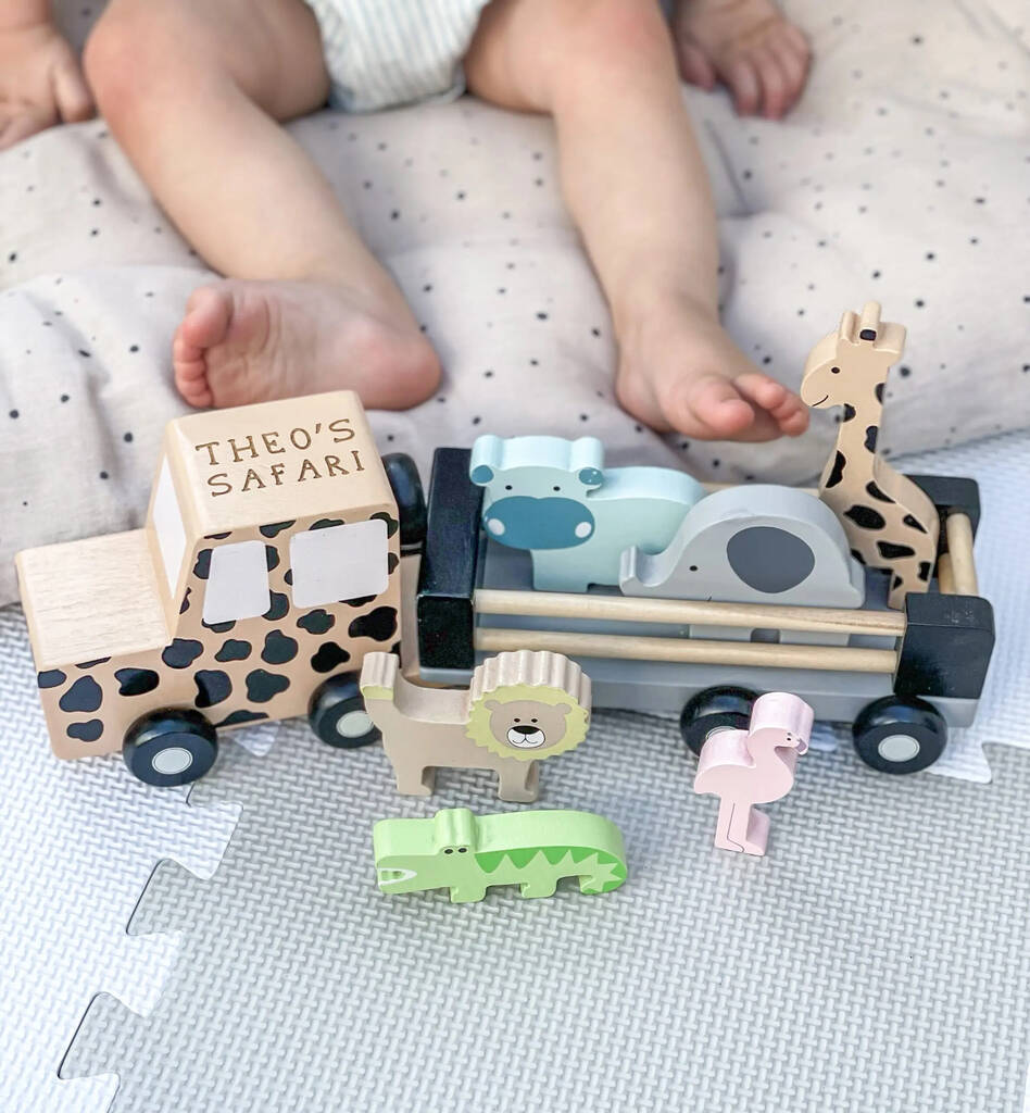 Personalised Wooden Safari Jeep Toy With Trailer And Animals, 1 of 4
