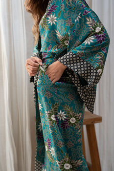 Satin Silky Turquoise Full Length Kimono Robe, 7 of 9