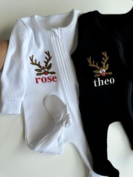 Christmas Reindeer Personalised Baby Zip Sleepsuit | Newborn Essentials, 2 of 8