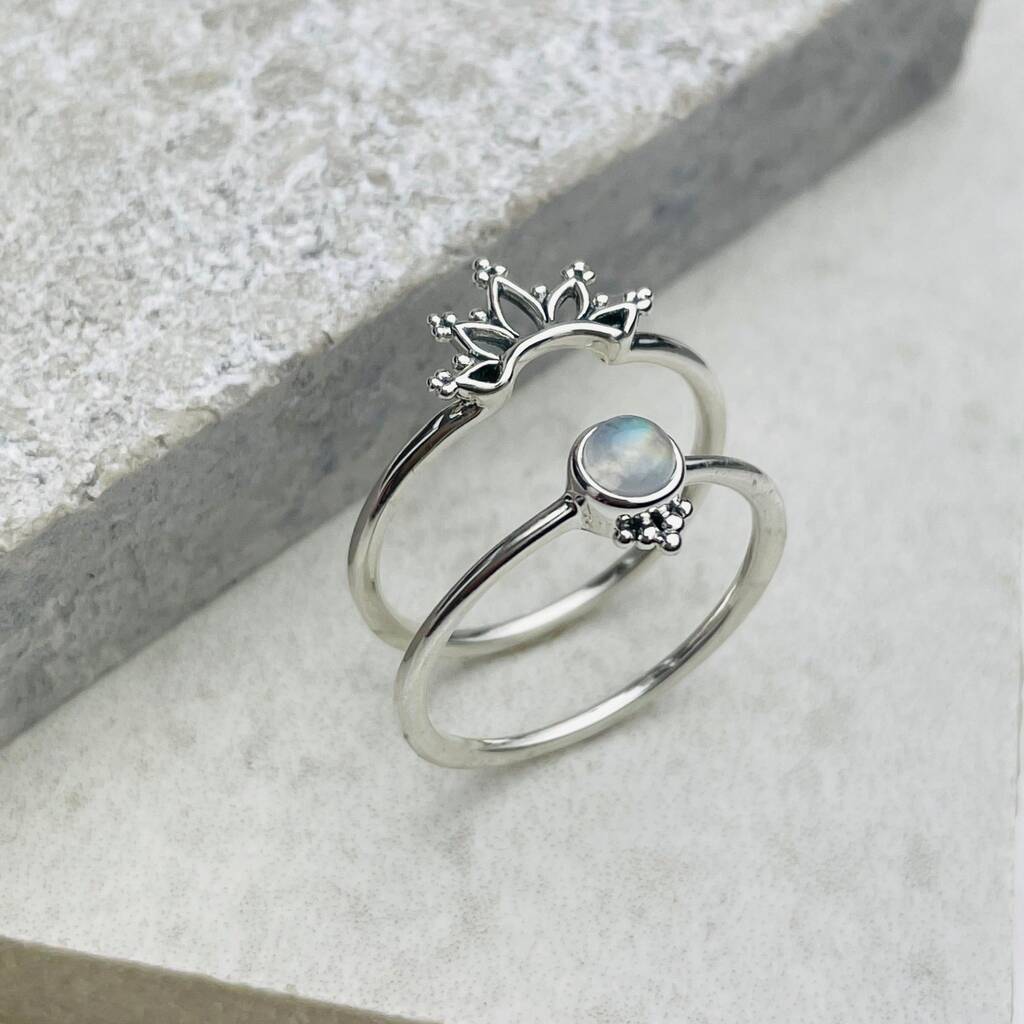 Sterling Silver Moonstone Boho Stacking Ring Pair, 1 of 12