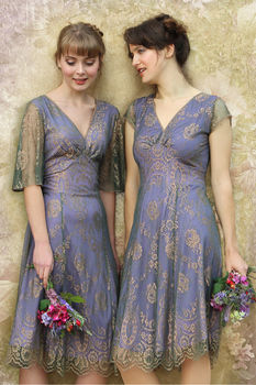 Bespoke Lace Bridesmaid Dresses In Bronze And Violet, 2 of 7