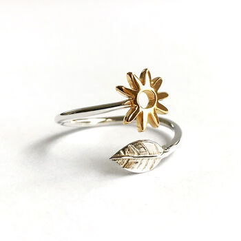 Adjustable Flower And Leaf Ring Silver And Gold Vermeil, 2 of 3