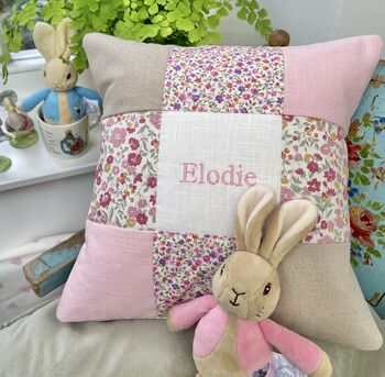 Ditsy Pink Patchwork Name Cushion, 7 of 9