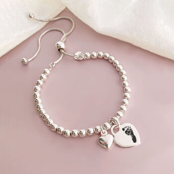 Sterling Silver Ball Slider Bracelet With Engraved Print Heart Charm, 4 of 11