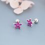 Sterling Silver Ruby Pink Cz Flower Barbell Earrings, thumbnail 1 of 11